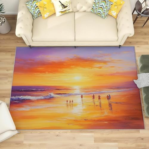 Generisch Teppich kinderzimmer 160x230 cm öLgemäLde „Sonnenuntergang Am Meer Und Strand“ Antirutsch Wohnzimmer Rechteckteppich, Orange Farbe Schlafzimmer Teppich, Waschbar Flanell Kurzflor Teppiche