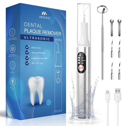 INUVO Plaque Remover for Teeth, Teeth Cleaning Tool Kit for Calculus, Tartar & Stains, Professional Premium Home & Travel Teeth Care for Men, Women & Pets | 1800 mAh battery/LED light/IPX5 | Silver