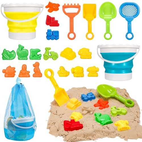 GSrenyu 22Pcs Beach Toy Set,Foldable Beach Bucket with Sea Animals Molds Sand Shovels Mesh Bag,Play Sand Toys Kit Outdoor Fun Tools for Kids Boys Girls