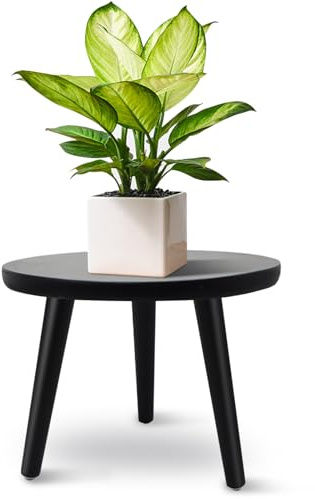 JNUYISW Soporte para Plantas de Madera, Soporte para Macetas Redonda con 3 Piernas para Macetas de Distintos Tamaños Exhibición de Flores para Hogar Patio Jardín Interior Exterior (Negro 22x28cm)
