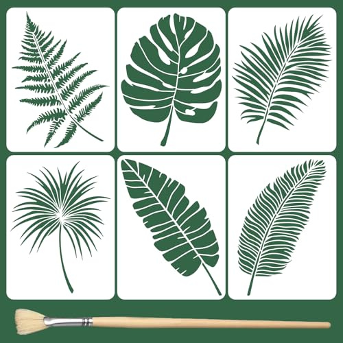 TWINKLEMON 6 stencil grandi a forma di foglia per dipingere sulle pareti, 40,6 x 30,5 cm, stencil per piante con pennelli, stencil da parete con foglie di palma, stencil con foglie tropicali, modelli