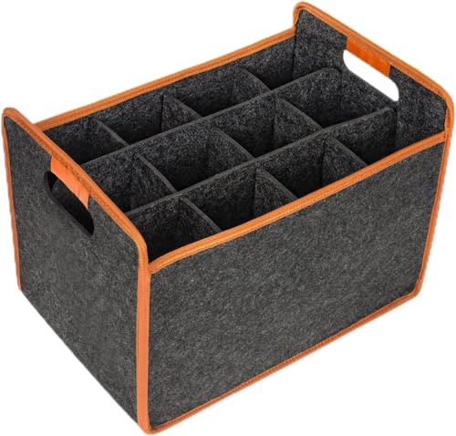 NovaCarta Vinflaskhållare av filt för 12 flaskor, vikbar flaskväska med avtagbara fack och bärhandtag, mörkgrå/orange, 38 x 25 x 25,9 cm