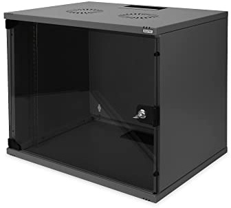DIGITUS Nätverksskåp - 19-tums rack 9 U - Omonterat - Väggmontering - 400 mm djup - Belastning 60 kg - Glasdörr - Svart