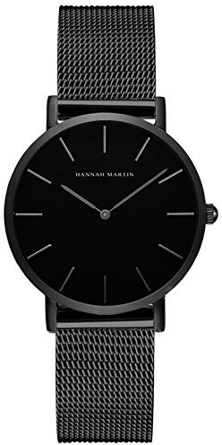 Hannah Martin Ultra Thin Stainless Steel Mesh Band Waterproof Quartz Women's Wrist Watch (Black Dial, Black Band)