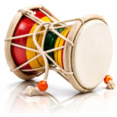 7 cms Small Handmade Traditional Authentic Wooden & Leather Classical Indian Folk Dumroo Damroo Damaru Hand Drum Percussion Instrument Set, Decorative Collectible Showpiece World Musical Instruments