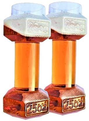 Dumbbell beer glasses, shipped in robust packaging with 25OZ molded on side, each glass holds 25 ounces of beer; a funny present for both men and women (2, Not personalized)