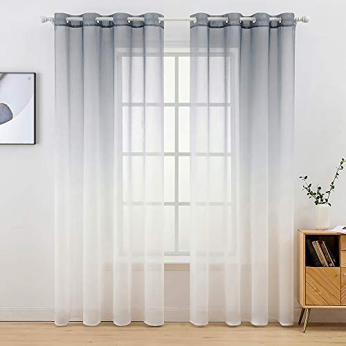 MIULEE Gardinen Transparent Vorhänge Farbverlauf Voile Sheer 2er Set Vorhang mit Ösen Dekoschal Fensterschal für Schlafzimmer und Wohnzimmer 245 cm x 140 cm(H x B) Grau-weiß
