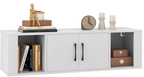Giantex Wall Mounted Storage Cabinet 2 Cube Floating Media Hanging Desk W/2 Doors and 2 Open Shelves, Home Office Furniture for Kitchen, Bathroom, Living Room Floating Console Hutch (White)