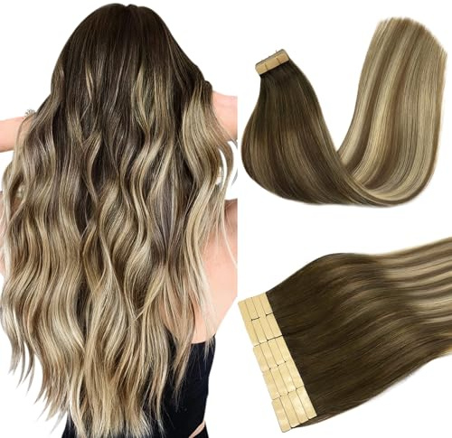 DOORES Invisible Adhesivas Extension, Ombre Marrón Nogal a Castaño Ceniza y Rubio Blanquecino 35cm 14 Pulgado 50g 20pcs, Remy Tape in Human Hair Adhesivas Pelo | Ombre Marrón Nogal a Castaño Ceniza y Rubio Blanquecino 35cm 14 Pulgado 50g 20pcs Remy Tape in Human Hair Adhesivas Pelo