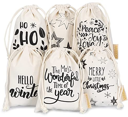 Papierdrachen Geschenkverpackung Weihnachten 2026 - Set 6 Stück - Stoffbeutel beige - bedruckt - Kordelzug - wiederverwendbar - zum Befüllen - 13x18cm