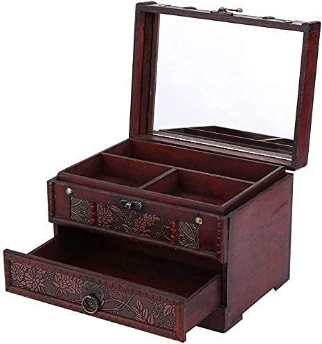 Wooden Jewelry Box with Mirror, Classical Wood Jewlery Box Jewelery Storage Box Case Holder Jewellery Chest Organizer with Drawer Mom Gifts Mothers Day Gift for Women Girls Ring Necklace Earring