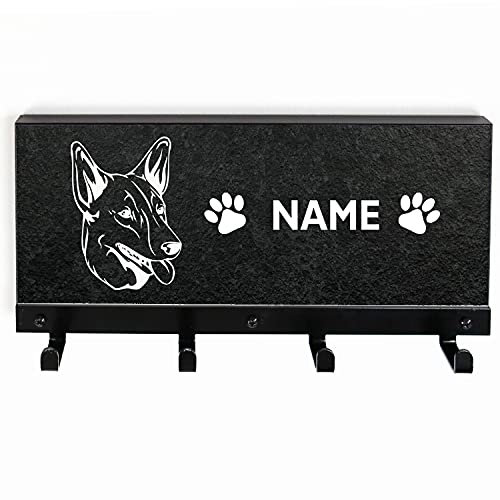 Tierisch-tolle Geschenke Australian Kelpie Leinengarderobe mit 4 Haken | Hundegarderobe | Leinenhalter mit Hundemotiv, Pfoten & und Wunschname (Schieferoptik)