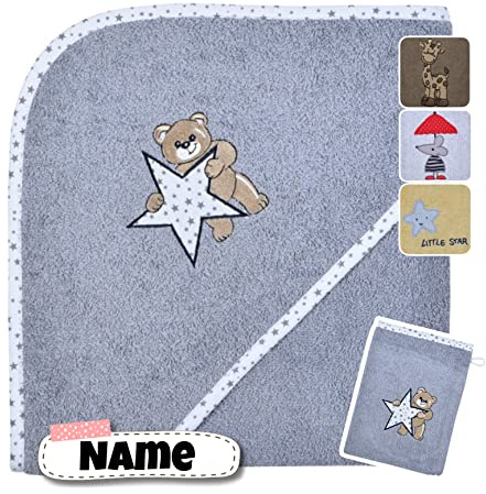 Stickling Kapuzenhandtuch Baby mit Waschlappen Set | Baby Badetuch 80 x 80 cm Kapuzenbadetuch | personalisiert mit Name | Baby Handtuch mit Kapuze Bestickt | Baby Erstausstattung (Teddy Stern)