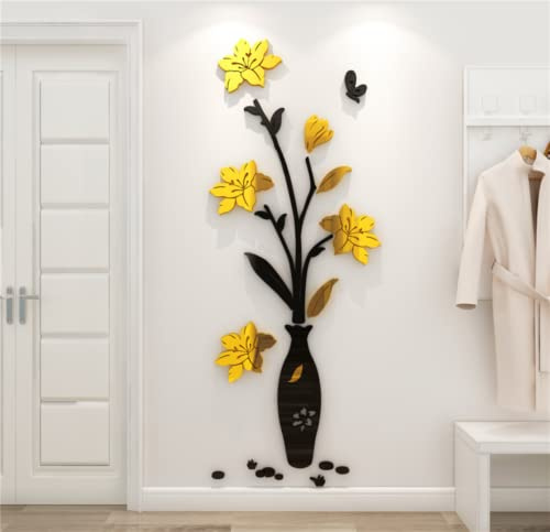 Adesivo da Parete 3D Fiore e Vaso Adesivi Murali Specchio Sticker da Muro Arts DIY Casa Decorazione Specchio Wall Sticker per Camera da Letto Asili Soggiorno （E-M: 42 cm*110 cm）