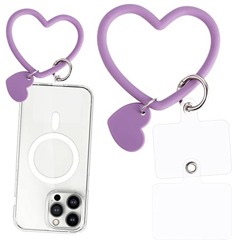 TIESOME Cordón para teléfono con lazo cardíaco, correa de mano para teléfono inteligente con soporte para llavero compatible con la mayoría de teléfonos inteligentes (morado)