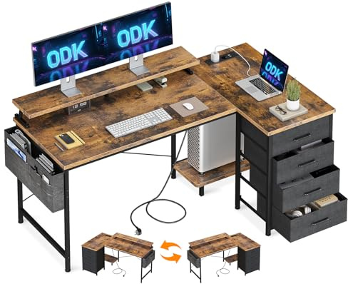 ODK Hörnskrivbord med 4 Tyglådor, 140x80cm, Brun | L-formigt Bord med 2 USB och 2 Eluttag, Monitorställ, Förvaringsväska för Hemmakontor