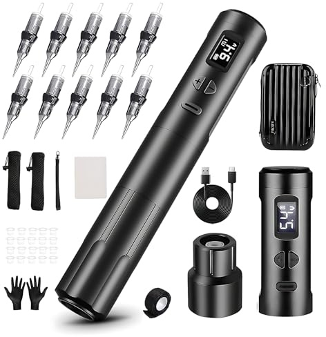 Permanent Makeup Maschine kabellose, 3mm Stroke Length Microblading Pen mit 2 Stück Batterien, 10 Stück Patronen Nadeln, 1000 mAh Akku Coreless Motor, Profis Rotary Tattoo Gun mit OLED Display,Schwarz
