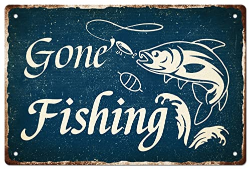 SUPERDANT Fishing Metal Signs Gone Fishing Tin Sign Pre-Drilling | Fish Hooks Bait Iron Poster Funny Signs and Plaques for Bar Pub Farmhouse Home Man Cave Father's Gift Vintage Decor