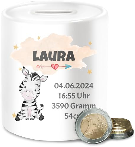 Spardose - Zur Geburt - Zebra Geburtsdaten - Mädchen Datum Gewicht Uhrzeit Größe - Unisize - Weiß - Baby Taufe personalisierte Geschenke Geburtsgeschenk Daten Geld Junge