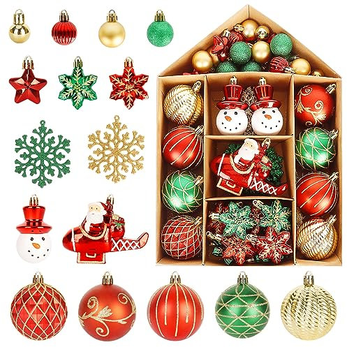 YONTINY 70Pcs Christmas Tree Baubles, Christmas Tree Ornaments Decorations Set Red Gold and Green, Xmas Decorations Balls for Xmas, Holiday, Wedding, Party