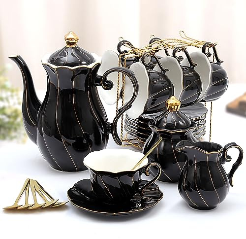 DUJUST 22-teiliges Porzellan-Teeset für 6 Personen, luxuriöses Tee-/Kaffeetassen-Set im britischen Stil mit goldenem Rand, schönes Tee-Set für Frauen, Teeparty-Set, Geschenkpaket (inkl. Ständer) –