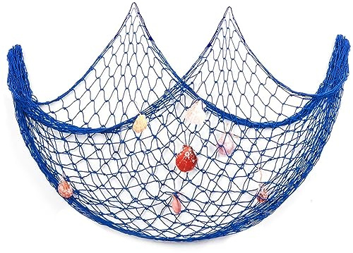SenZee Fischernetz Deko Blau mit Muscheln 1x2m Mediterrane Stil Deko Netz Fischernetz Dekoration für Outdoor Wanddekoration Beach