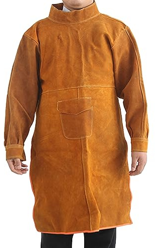 Senvitate Leather Welding Apron with Long Sleeve, Flame Resistant Welding Jacket for Men, Heavy Duty Weld Coat Blacksmith Work Apron