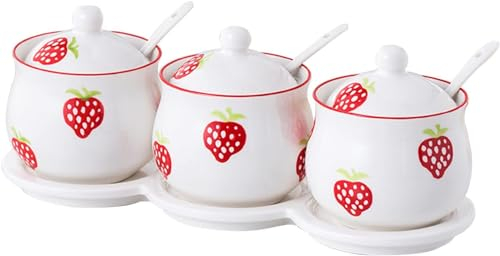 Azucarero De Cerámica,Azucarero De Estilo Europeo con Cuchara, Recipiente De Azúcar con Patrón De Flores Rosadas Y Hojas Verdes, Tarros De Especias De Porcelana-fresa roja-200ml ( Color : Red Strawber