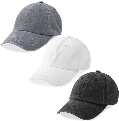 MEINICY 3 Pack Washed Plain Baseball Cap, Retro Adjustable Dad Hats Gift for Men/Women,Unstructured/Cotton(Black + White + Gray)