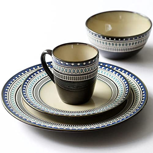 Table Service Crockery Set24 Piece Round Kitchen Dinnerware Set, Service for 6, Reactive Glaze Stoneware Dinnerware Sets with Mugs, Unbreakable Vintage Dinner Set, Porcelain Plates and Bowls