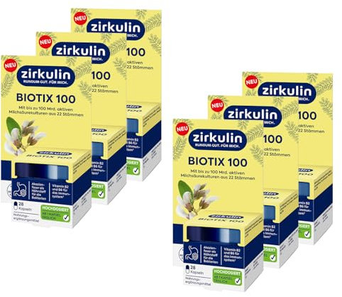 Zirkulin Biotix 100 6x 28 Kapseln – Zur Unterstützung einer gesunden Darmflora - Nahrungsergänzungsmittel mit bis zu 100 Mrd. aktiven Milchsäurekulturen sowie Trockenhefe, Vitamin B2 und Vitamin B6