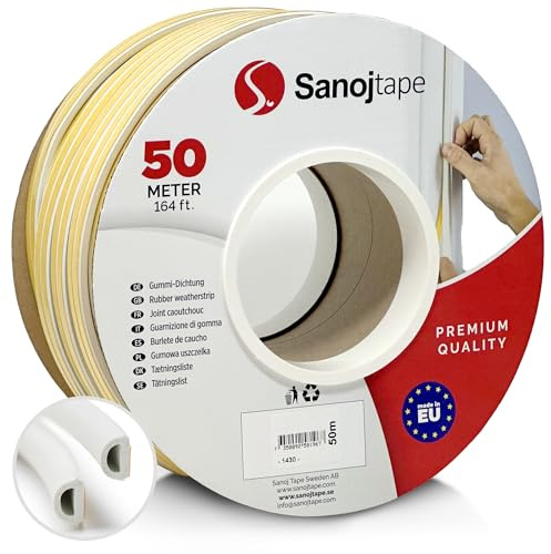 Sanojtape Bande de Joint D-Profil Blanc Auto-adhésive 50 Mètres d'étanchéité en EPDM Mousse Imperméable pour la Fenêtre de Porte
