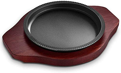 Plato para carne de hierro fundido de forma redonda, plancha chisporroteante con bandeja para carne de madera, plato para servidor para suministros de restaurante, hogar y cocina, accesorio de cocina