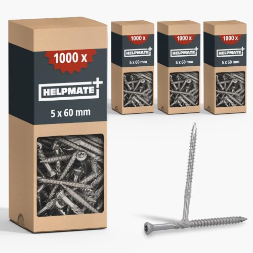HELPMATE – Vis de terrasse – 5x60 mm – acier inoxydable A2 – 4000 vis pour plancher + embout T25 – Vis de terrasse pour l'extérieur (construction de terrasses & abris de jardin) | 2 embouts T25 inclus - Résistant à la corrosion pour l'extérieur - Pour terrasses, abris de jardin et constructions en bois