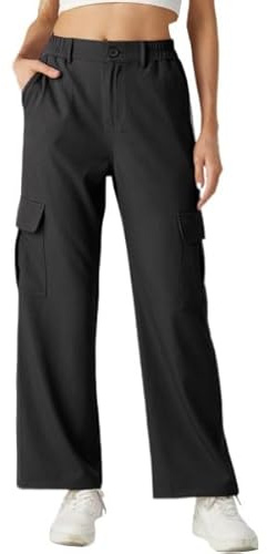 QIXING Women's High Waisted Wide Leg Cargo Trousers Streetwear Stretch Elastic Waist Lightweight Flowy Versatile Work & Casual Trousers with 4 Pockets