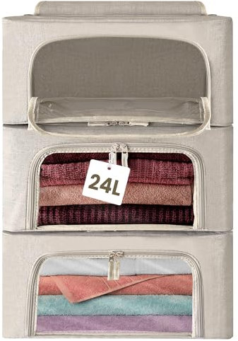unycos - Scatole per Vestiti【3 Pezzi | 24L】in Tessuto Resistente, Manico Rinforzato e Finestra Trasparente, Contenitori Sottoletto Pieghevole per Asciugamani, Piumini, Coperte (Grigio; Iron Rod)