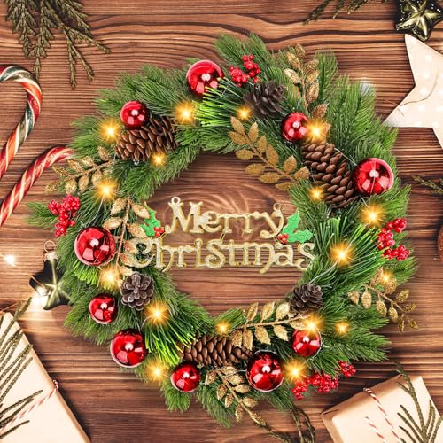 GIOVARA Christmas Wreaths for Front Door, 38cm Artificial Door Wreath with 20 LED Lights, Xmas Wreaths for front door, Christmas Wreath with lights, Xmas Wreath Decorations For Window Fireplace Wall
