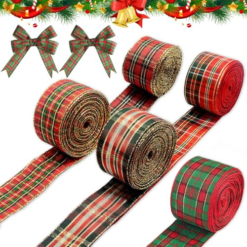 mizikuu 5 Rotoli 6 m Nastri Natalizi, Nastro Natalizio Buffalo Plaid Tela Metallica Nastro Albero per Decorazione e l'Imballaggio dei Regali di Natale