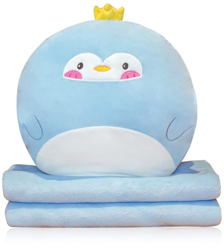 MeYuxg 140 x 170 cm Coperta da Viaggio e Cuscino con Fodera 3 in 1 Cuscino per il Pisolino Coperta Cuscino per Schienale del Divano per Auto per Bambini Ragazzi Ragazze Regali Morbidi (Pinguino)