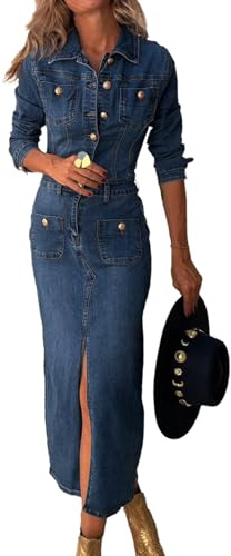 XUSAI Blau,M,Langes Jeanskleid für Damen, Herbst, lässiges, langärmliges Maxi-Jeanskleid mit Knopfleiste vorne, Western-Vintage-Cowgirl-Schlitzkleid