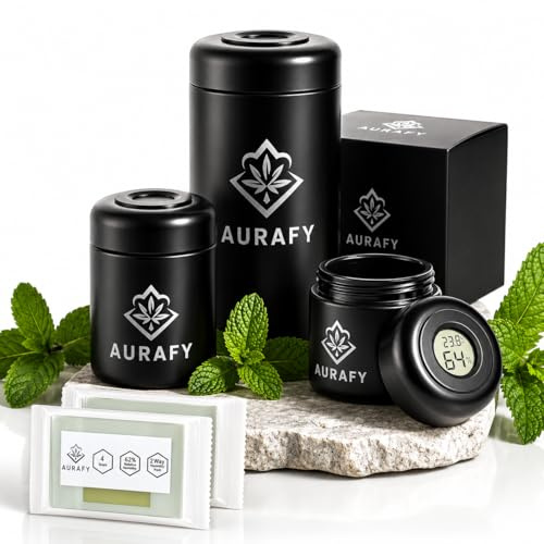 AURAFY Stash Jar mit Hygrometer-Deckel – UV-Glas, luftdicht & geruchsdicht zur Aufbewahrung von Kräutern & Gewürzen – Inklusive 2 Stück 62% RH 2-Wege-Feuchtigkeitskontrollpacks (250 ML)