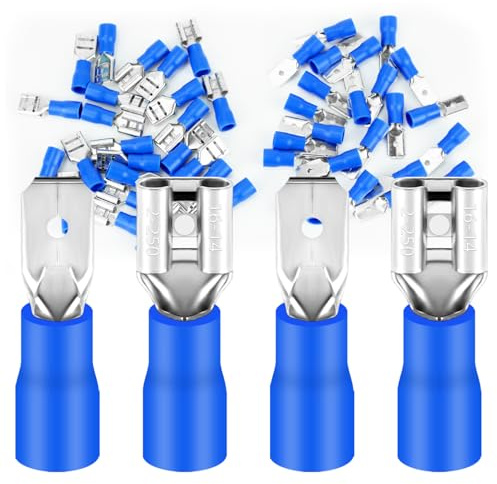 50 x Flachsteckhülsen und Flachstecker 1,5-2,5 mm² blau/Steckbreite 6,35 mm Teilisoliert PVC männlicher Steckverbinder FDD & MDD Kabel-Verbinder aus Messing verzinnt