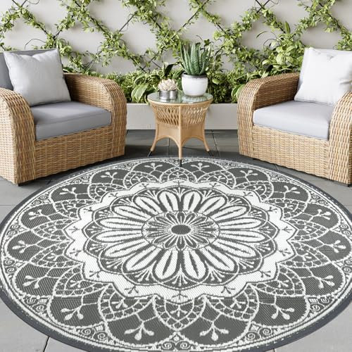 IMIYOKU Round Outdoor Rug for Patio 180cm Reversible Waterproof Plastic Straw Rug Boho Area Rug Indoor Outdoor Carpet for RV, Balcony, Beach, Deck, Picnic, Camping (Grey, 180 x 180 cm)