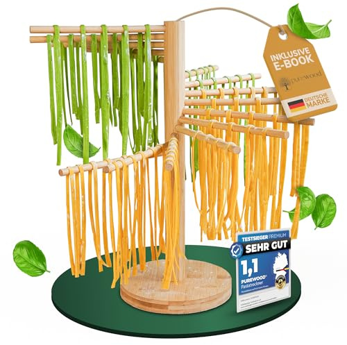 Purewood® Nudeltrockner aus Holz, Pastatrockner, Nudelständer zum Trocknen, für selbstgemachte Pasta aus der Nudelmaschine, inkl. E-Book mit Teiggrundlagen, hochwertig und robust, einfach verstaubar.