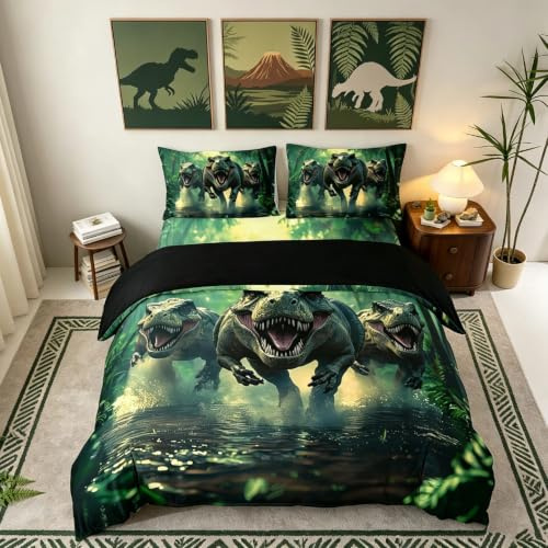 Homemissing Cartoon Dinosaur Bettbezug Set 3D Dino Drucken Bettwäsche-Set Kinder Jungen Mädchen Dschungel Dino Bettwäsche Set 135x200cm Atmungsaktive weiche Leichtgewicht Mikrofaser Wilde Tiere Dekor