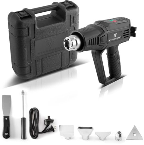 STAHLWERK Pistola ad aria calda con regolatore di temperatura digitale 2.000 Watt - pistola termica da 50 a 600 gradi con pacchetto di accessori, ventola ad aria calda per saldatura, restringimento
