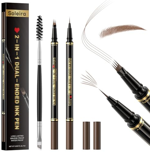 Lápiz de Cejas Microblading 2 en 1 Doble Punta Lapicera de Cejas Bolígrafo de Cejas con 4 Puntas Microfork Resistente al Agua, Crea de Cejas y Delineador de Ojos Natural, MarróN Suave