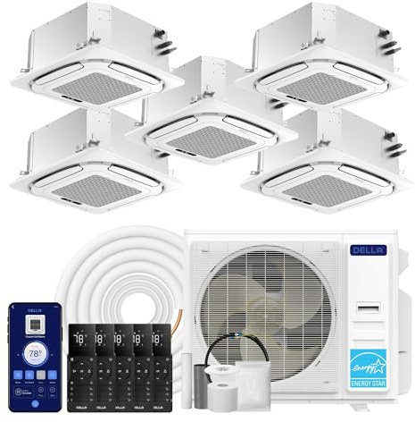 DELLA 42K BTU 5 Zone (4 * 9K+18K BTU) Ceiling Cassette Mini Split AC, Ultra Heat -13℉,8-way 360° Airflow, Covers 2600 Sq.Ft, Energy Star, 22 SEER2 230V, Alexa Control, Pre-Charged Heat Pump, 25ft Kit
