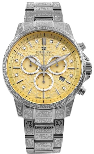 LOUIS XVI Palais Royale 2.0 1828 - Ø 43 mm - Reloj para hombre - Resistente al agua - Correa plateada - Esfera amarilla con diamantes - Movimiento de cuarzo suizo