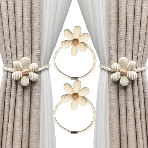 ZenyTra Magnetische Vorhanghalter 2 Stück - Raffhalter aus Holzperlen mit Metallhaken für Gardinen, Voile & Verdunkelungsvorhänge, Werkzeuglos Montage für Zuhause & Büro (Beige)